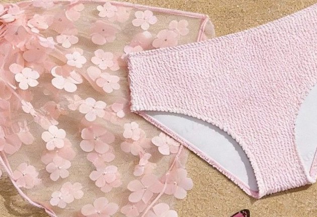 Girls' Ribbed Bikini Set with Floral Sarong — Pink