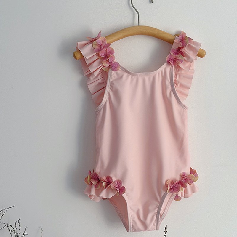 Girls' Pink One-Piece Swimsuit — Petal Ruffle Straps