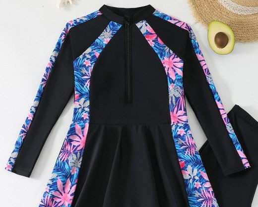 Girls' Long-Sleeve Swim Dress & Leggings Set — Tropical Panels